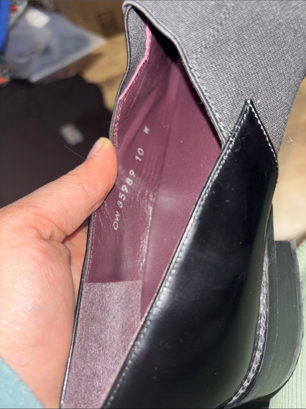 Stuart Weitzman Black Patent & Black Fabric Slip-Ons with Burgundy Insoles - Picture 2 of 2